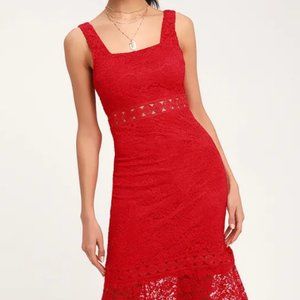Vibrant Life Red Lace Trumpet Hem Midi Dress - Size Large